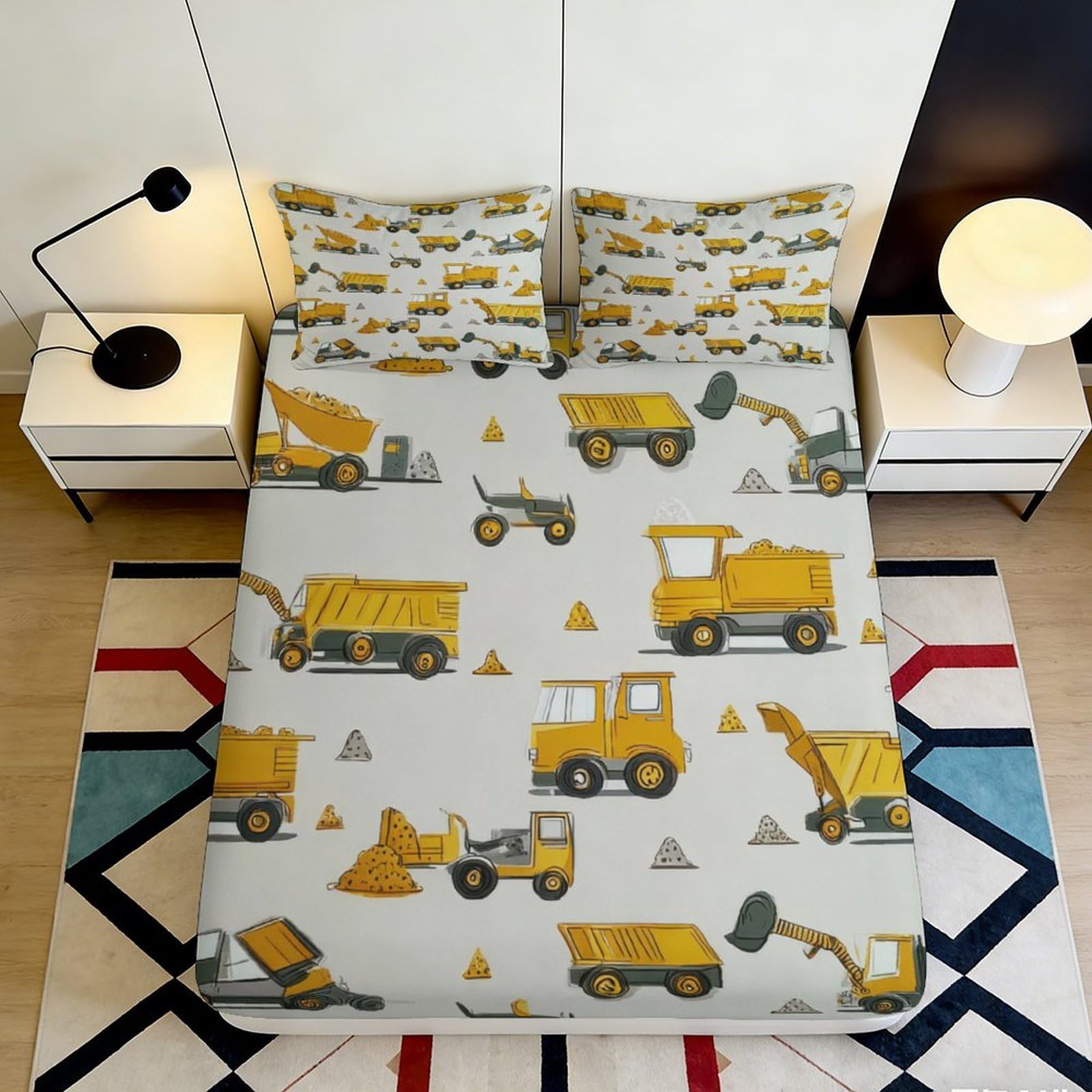 3D Printed Construction Vehicles Fitted Sheet Microfiber Anti-Slip Yellow Diggers Bed Cover Machine Washable Decor 120x200x25cm