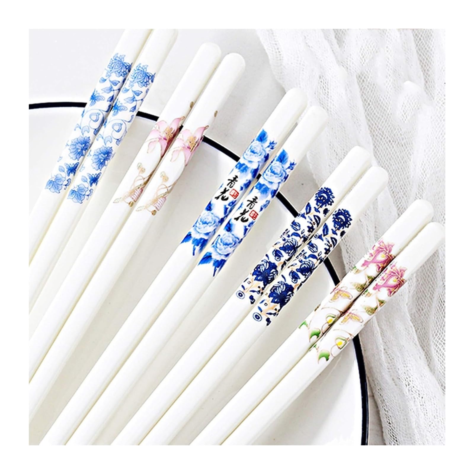 Jeu de baguettes, Baguettes en porcelaine réutilisables, for japonaise chinoise coréenne Sushi, résistantes à la moisissure, saines et faciles nettoyer, paquet cadeau de 5 paires A(E)