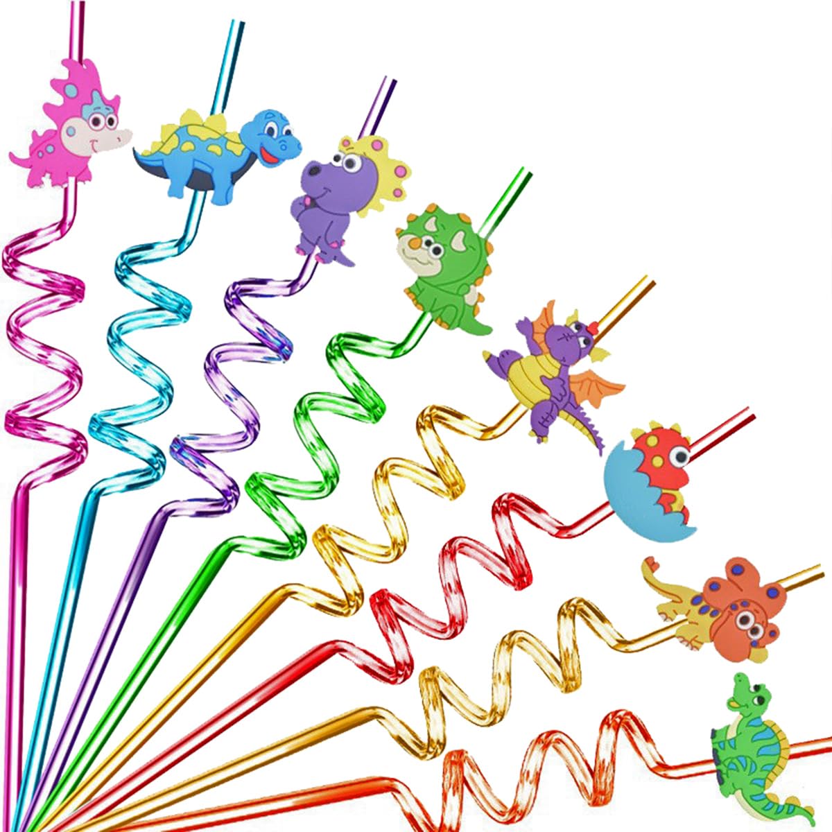 U-HOOME Reusable Twisty Drinking Straws，8PCS Plastic Crazy Drinking Straws Dinosaur Straws Kids Birthday Party Supplies Colorful Dinosaur Plastic Straws for Family Kids or Party Use, 790AP