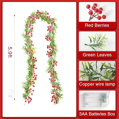 Miniatura 3 de Joyhalo Guirnalda de Navidad con luces que funciona con pilas, guirnalda de Navidad iluminada con 20 luces LED de bayas rojas de 5.6 pies,