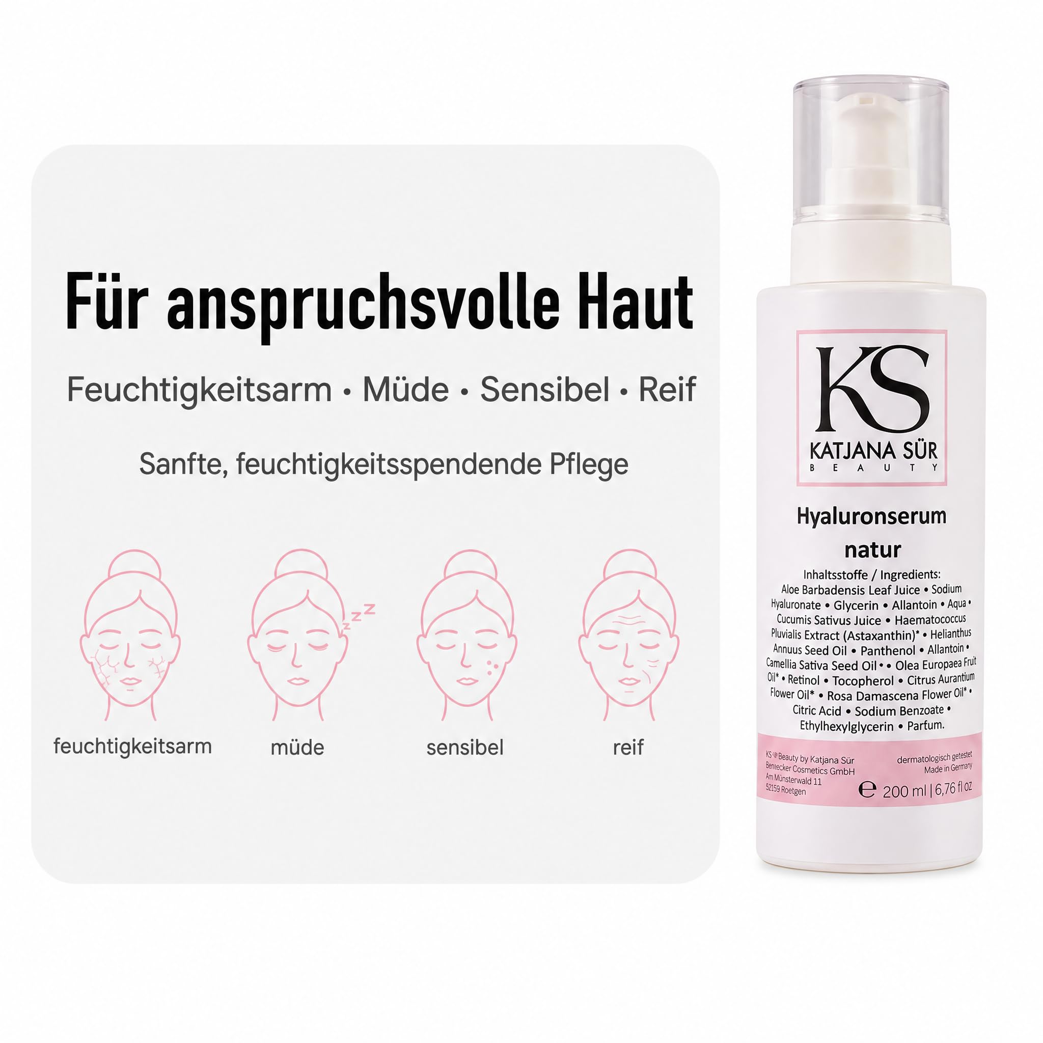KS Beauty Hyaluron Serum Gesicht mit Retinol & Aloe Vera, 200 ml | Feuchtigkeitsserum mit Hyaluronsäure, Astaxanthin & Vitamin E – dermatologisch getestet, Made in Germany
