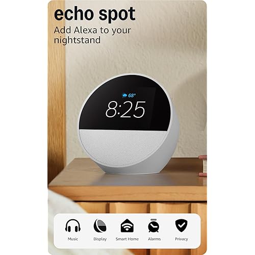Like-New Amazon Echo Spot (newest model), Great for nightstands, offices and kitchens, Smart alarm clock with Alexa, Glacier White
