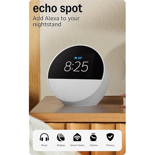 All-new Amazon Echo Spot (2024 release), Smart alarm clock with vibrant sound + Alexa, Glacier White
