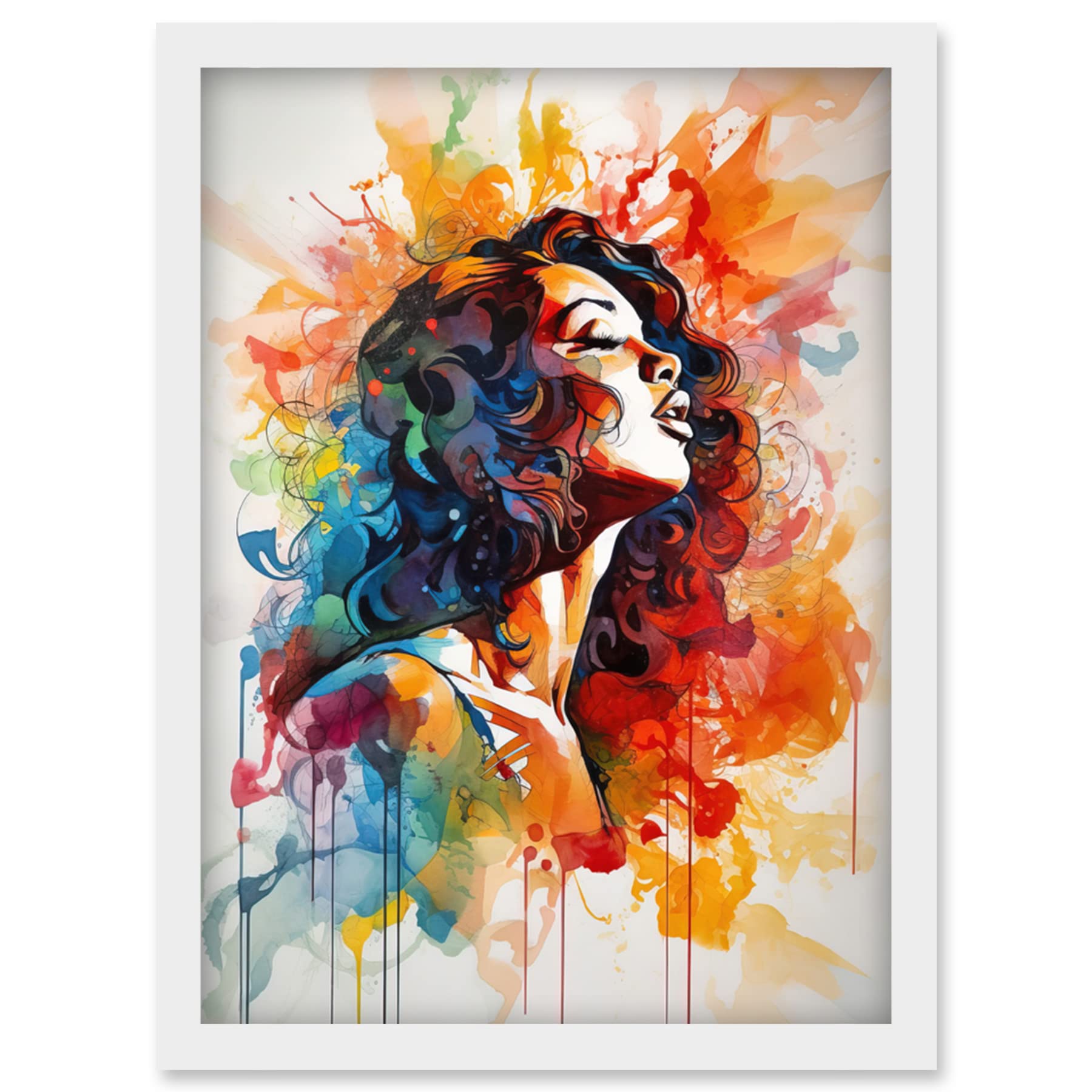 Artery8 Woman with Synesthesia Listening to Rainbow Colour Music Modern Watercolour Painting Artwork Framed Wall Art Print A4
