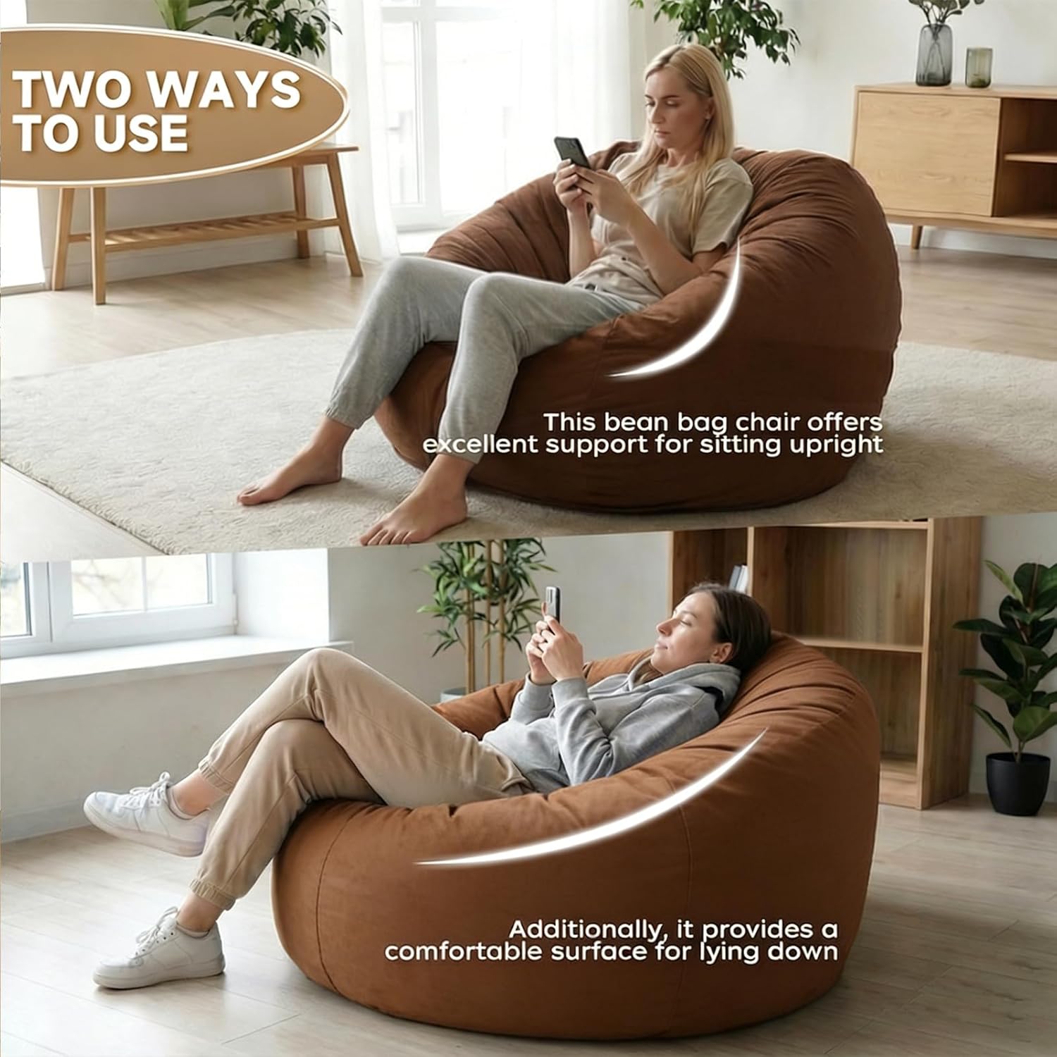 YuppieLife Large Foam Filled Bean Bag Chairs for Kids Teenagers Adults Living Room Gaming Relaxing 4F Machine Washable Lazy Sofa（Brown