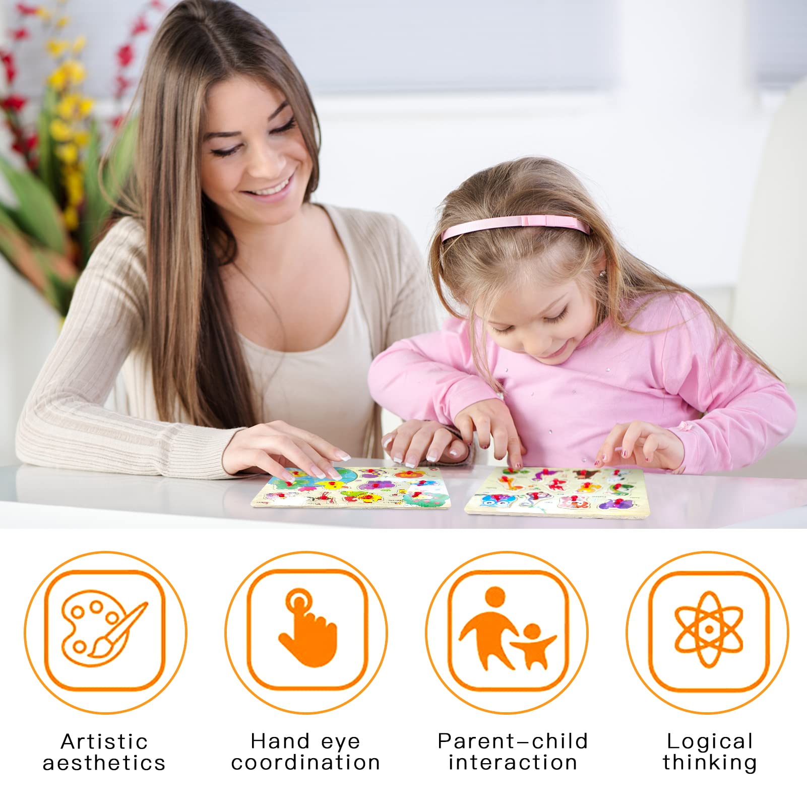 Puzzles en Bois pour Enfants 1-3 Ans, Puzzle Bois Bouton Encastrement, Cadeau Anniversaire Enfant