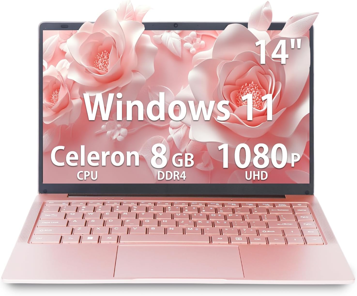 14 Inch Laptop, 1920x1080 Pixels,Celeron J4105 Quad Core Computer (up to 2.5ghz), 8GB DDR4, 2.4G/5G WiFi, USB 3.0, Bluetooth (Rose Gold, 8G+512GB SSD)