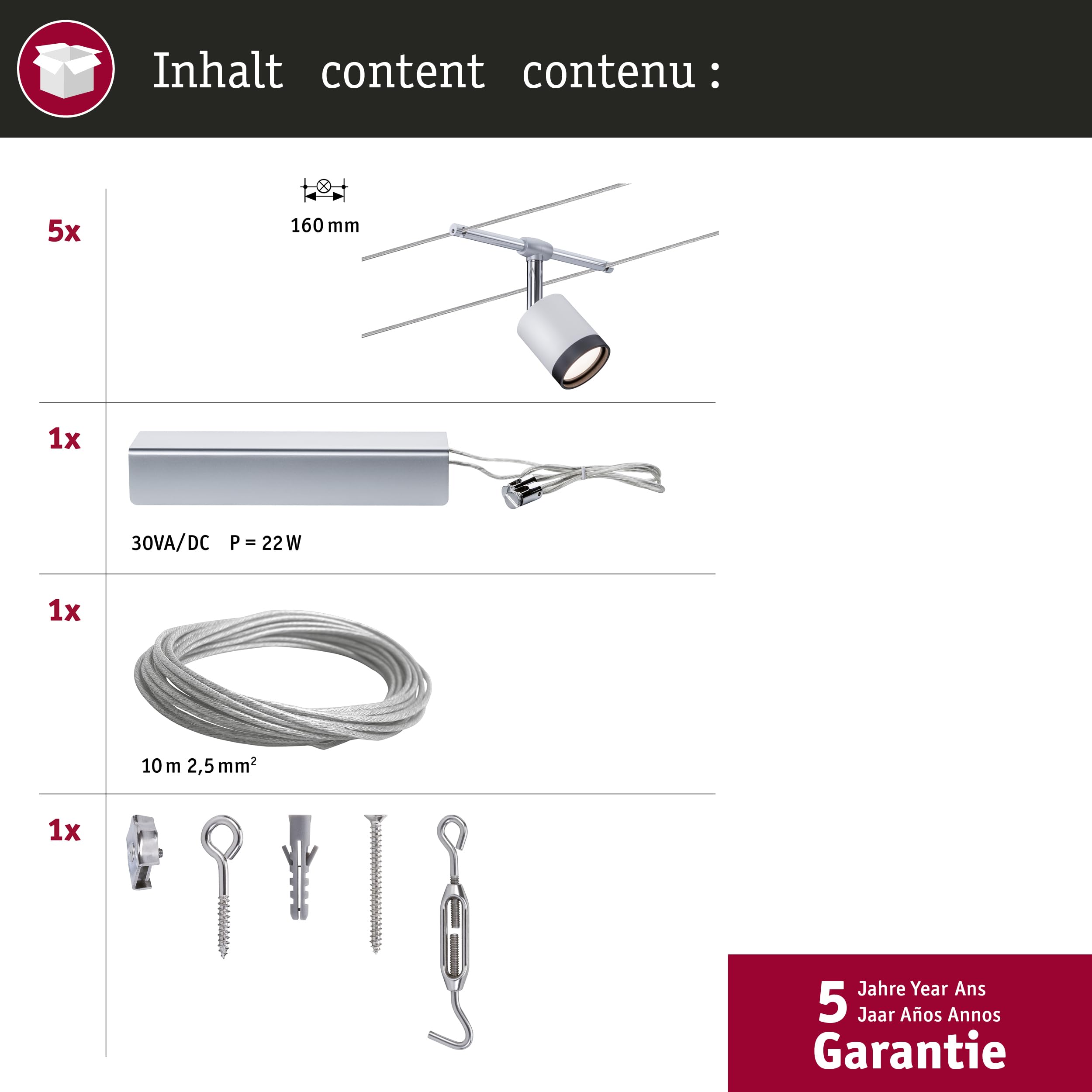 Paulmann 3981 Sistema cavo TubeLED 5x4W Bianco/Nero/Cromo 230/12V plastica