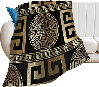 Retro Gold Geometric Greek Key Blanket Soft and Warm Throw Digitally Printed Super Soft Micro Plush Blanket for Sofa Bed Living Room.