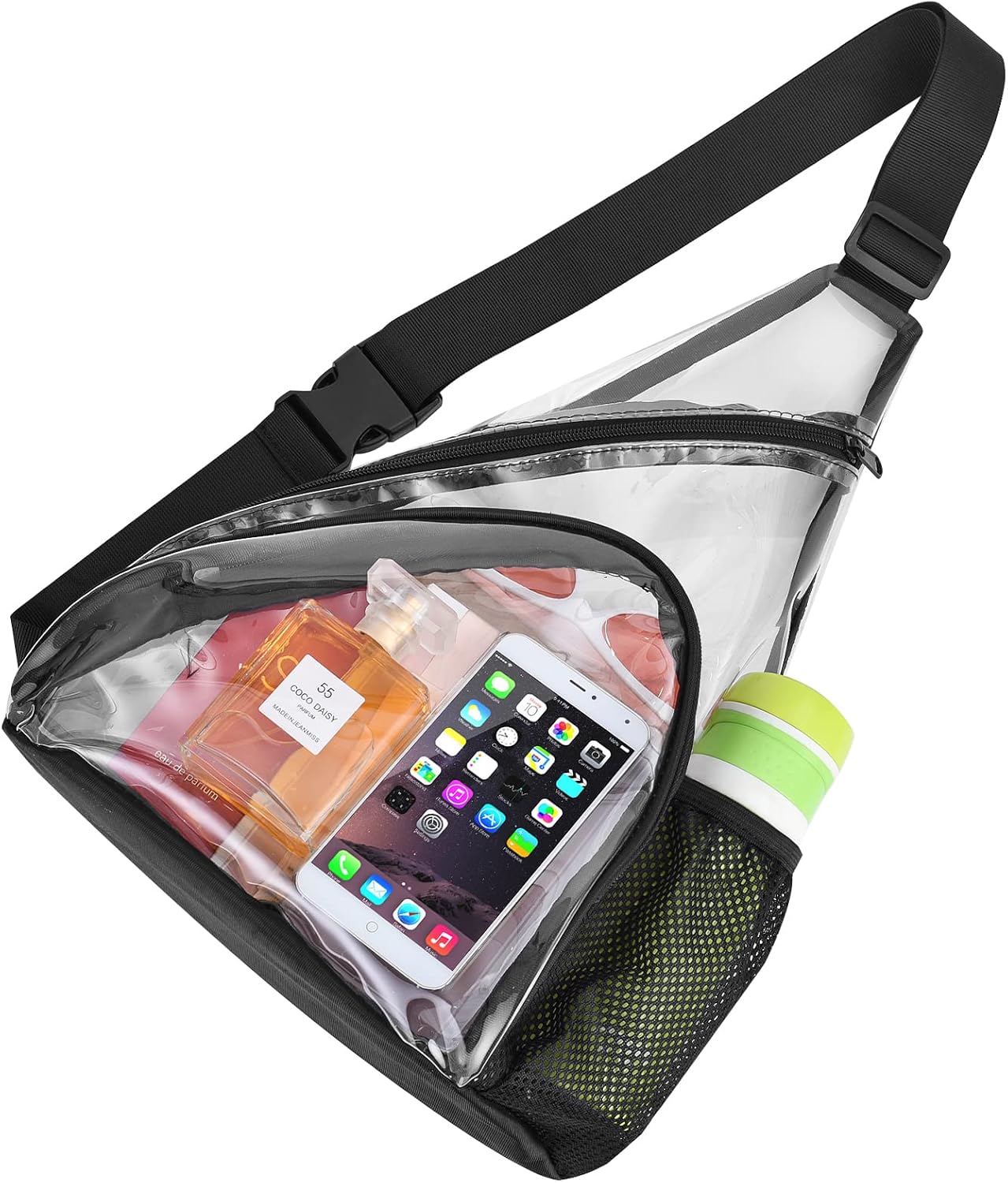 Clear Sling Bag Transparent Shoulder Cross body Backpack Perfect for Work Travel Stadium and Concerts Black