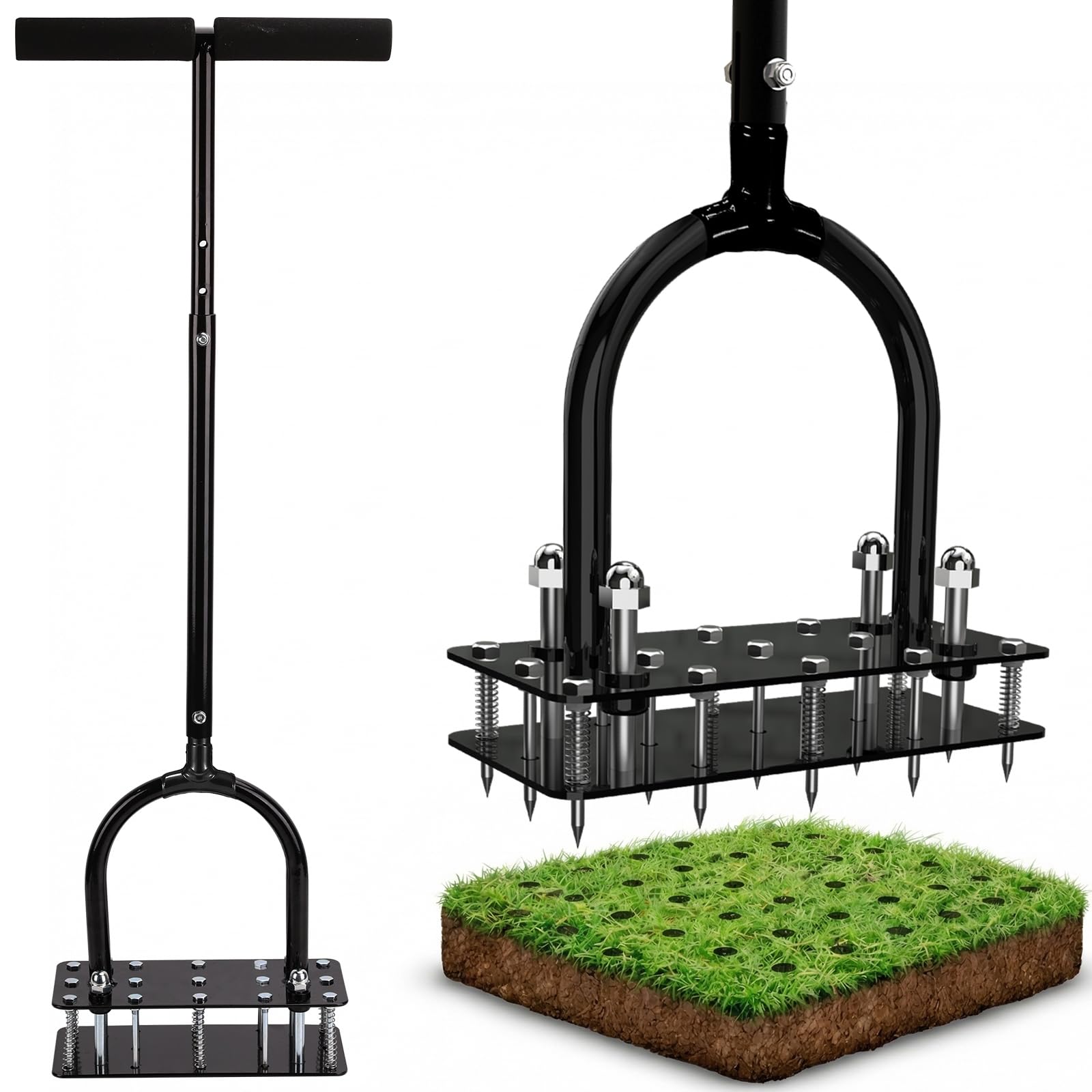 Xyxu Lawn Aerator, Metal Manual Grass Aerator Garden Tool with 15 Pre-Assembled Iron Spikes, Heavy Duty Lawn Spiker, Reinforced Frame & Self-Cleaning Design, Soil Aeration for Lawn Care & Drainage