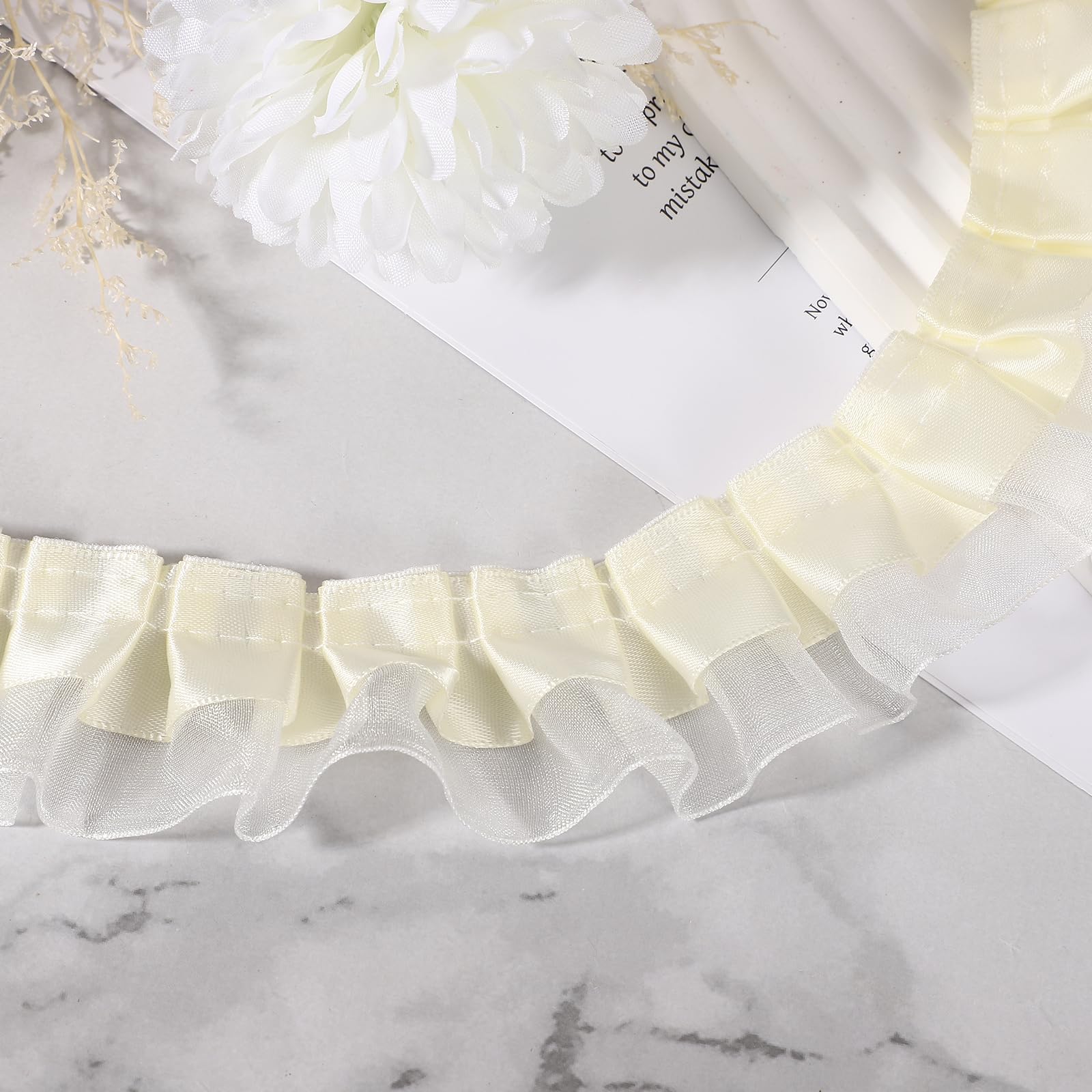 sourcing map 10 Yards 2-Layer Satin Ruffle Trim Lace Ribbon Sewing Lace Fabric Trim for DIY Craft Dress Clothing Wedding Gift Home Decoration, Beige โ image 1
