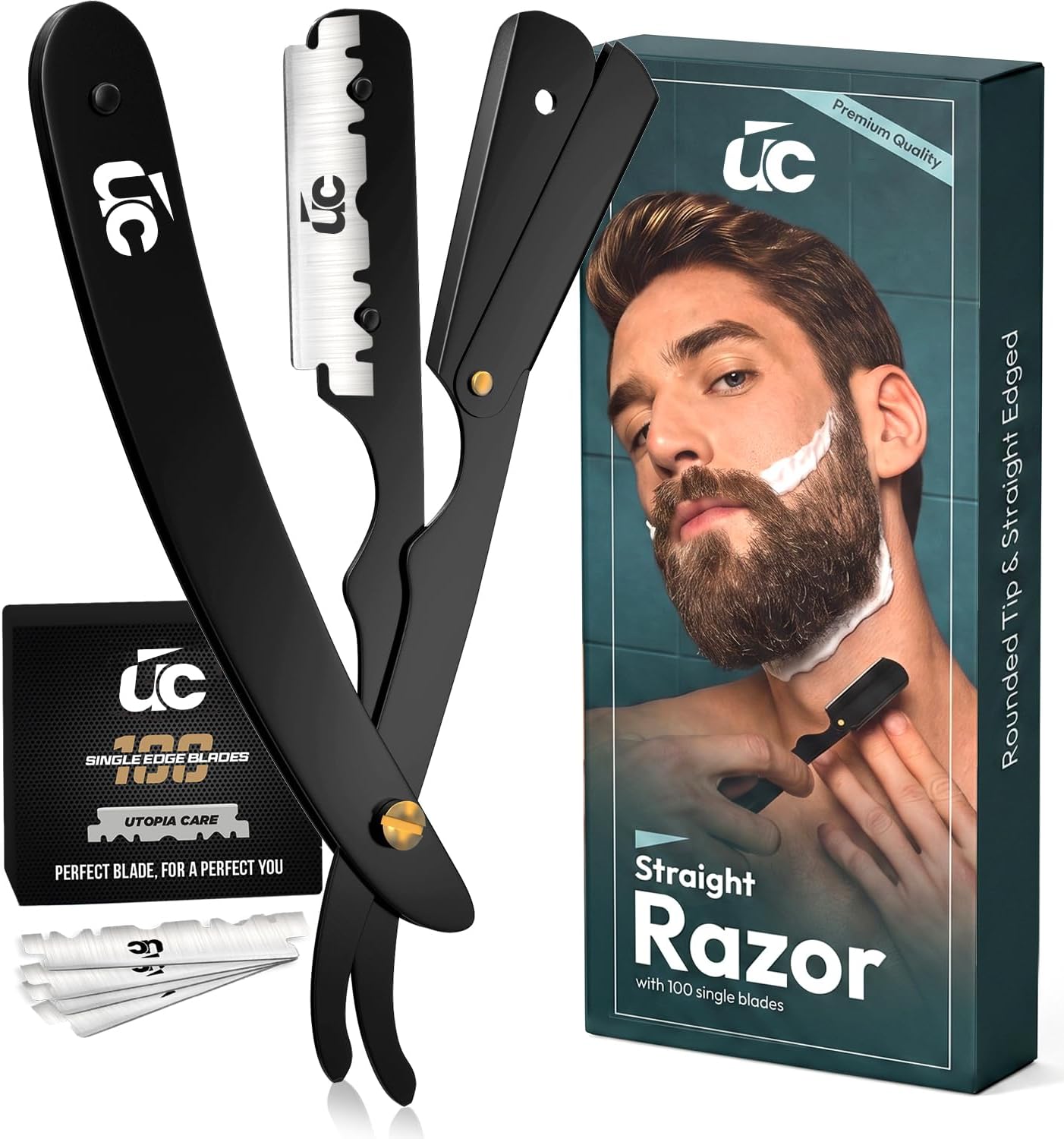 Utopia Care Professional Barber Straight Edge Razor Safety with 100-Pack Derby Blades - 100 Percent Stainless Steel