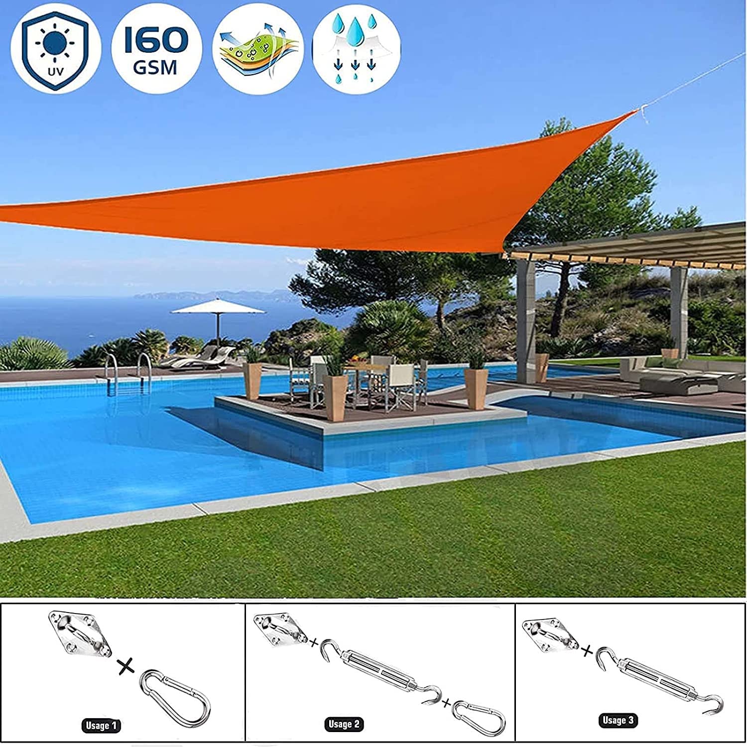 Tenda parasole triangolare con kit, ideale per laghetto, terrazza, giardino, piscina e lago (Colore: Arancione, Dimensioni: 3x4x5m)