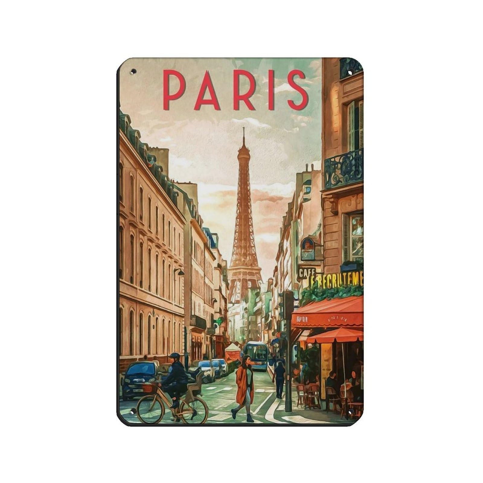 Paris Travel Poster, France Poster Retro Poster Metal Tin Sign Chic Art Retro Iron Painting Bar People Cave Cafe Family Garage Poster Wall Decoration 8x12inch(20x30cm)