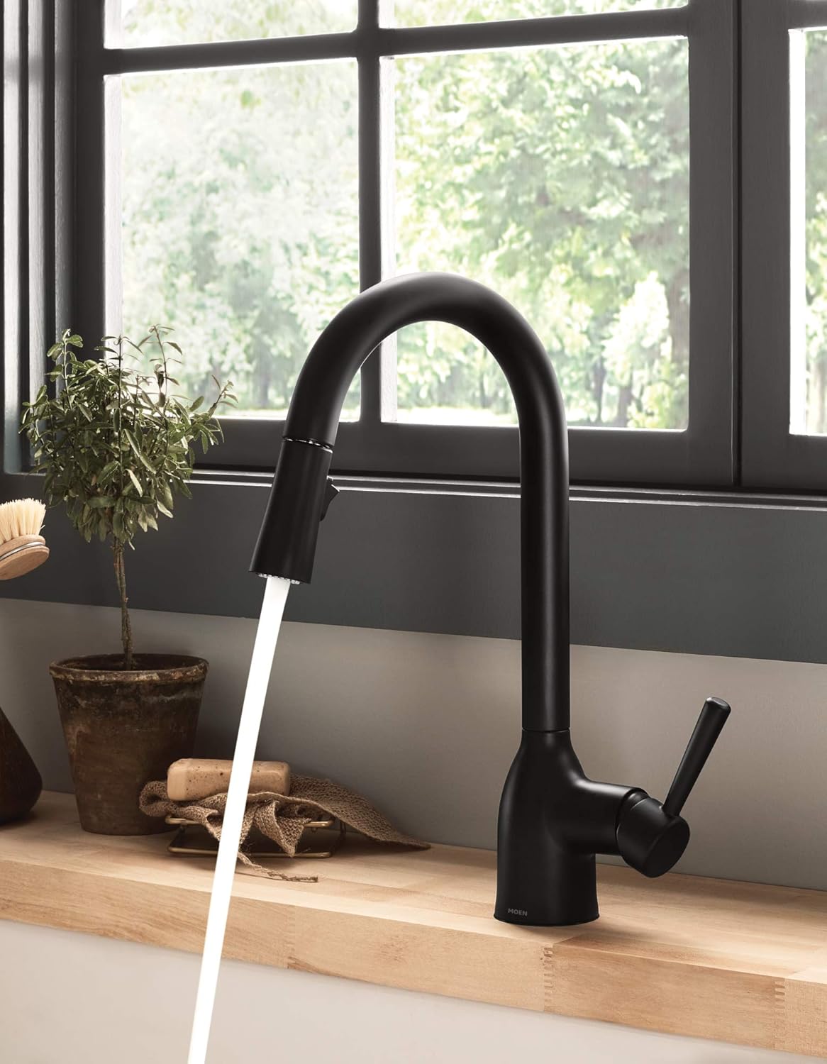 Get Discount Offer Moen 87233BL Adler One-Handle High Arc Pulldown Kitchen Faucet with Power Clean, Matte Black