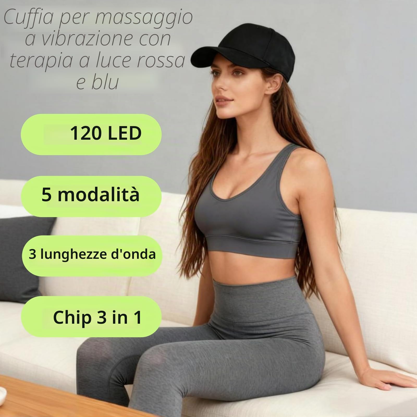 Cappello per Terapia con Luce Rossa e Blu e Massaggio Vibrante, 120 LED a 470nm/660nm/850nm per il Benessere dei Capelli, Dotato di Chip 3-in-1 ad Alta Efficienza e Interruttore con 5 Modalità