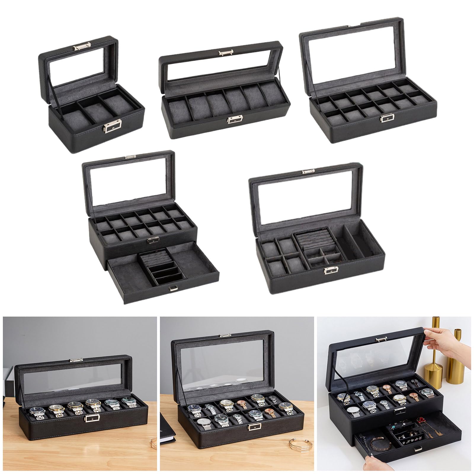 Pratica valigetta per gli organizzatori di orologi con cassetto stabile imbottito ed estraibile, portatile per la conservazione dei gioielli in pelle