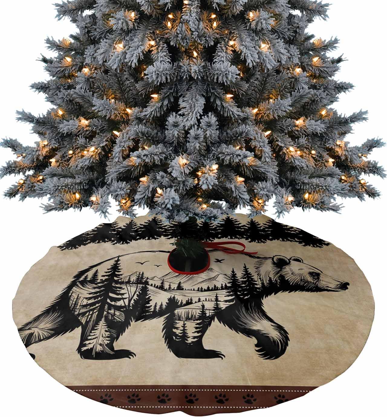 DecorLovee Christmas Tree Skirt, Brown Black Bear Christmas Tree Skirts Ornaments Décor, Farmhouse Cabin Forest Vintage Xmas Tree Skirt Mat Decorations for Holiday Party Indoor Outdoor 48 Inch