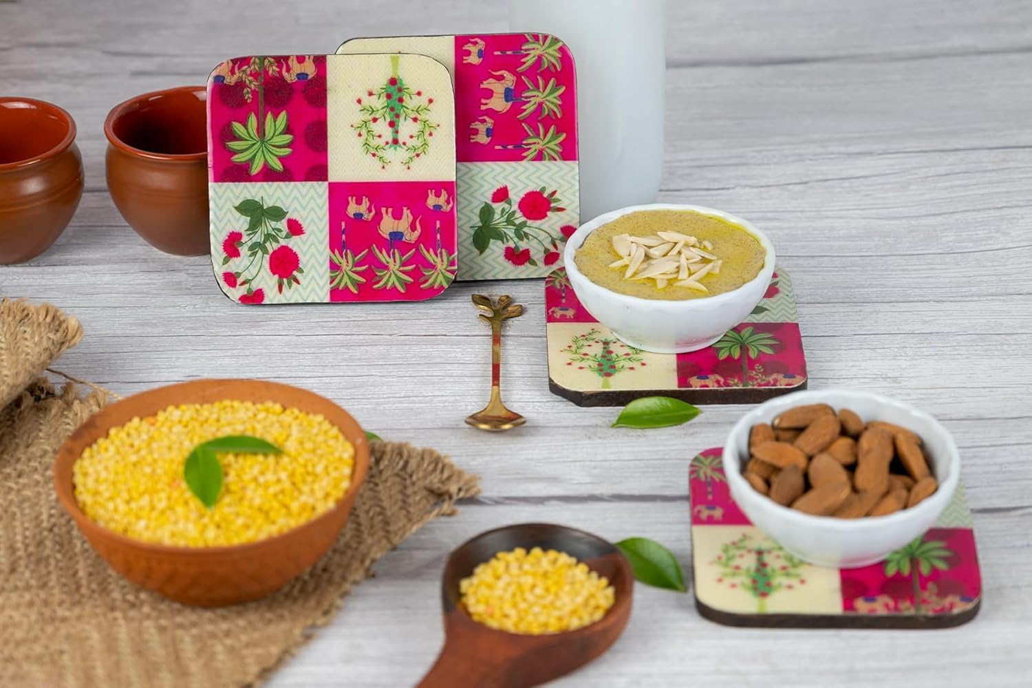 Coaster Set of 4 Beautiful Wooden Coasters with Epoxy Coated Printed Design Coaster Set for Tea Cups, Coffee Mugs and Glasses (Square and Designer 4 X 4 Inch) Heat Resistant