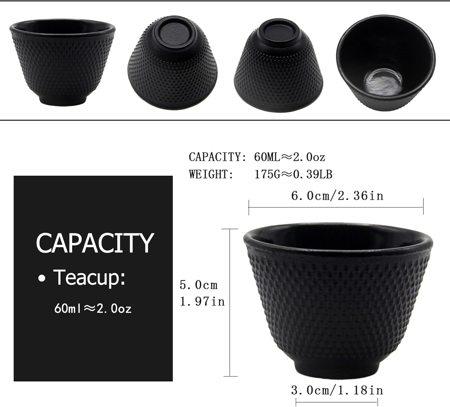 Japanese Cast Iron Tea Cups, Small and Heavy Teacups with no Handles, Japanese Style Cup for Adults, Asian Teacups, Coated with Enameled Interior, 4 Pcs/Box (Black, 2oz/60ml)