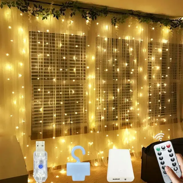 Cortina de Luces Navideñas 3x3m 300 LEDs con Mando, USB/Baterías, Impermeable