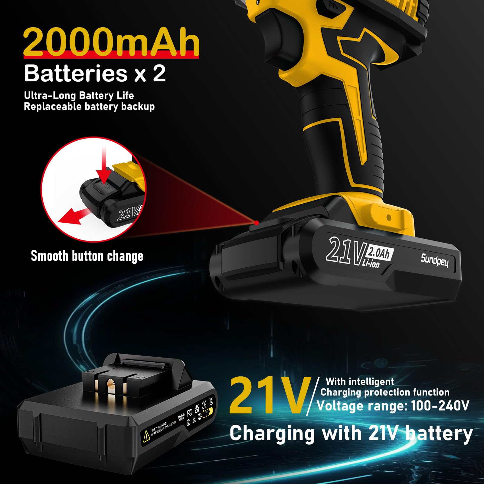 Sundpey Ensemble de perceuses électriques sans fil 21 V avec 2 batteries 2,0 Ah, couple 18 + 1, 45 N.m maximum, lumière LED, niveau à bulle, mandrin sans clé de 10 mm, tournevis électrique à 2
