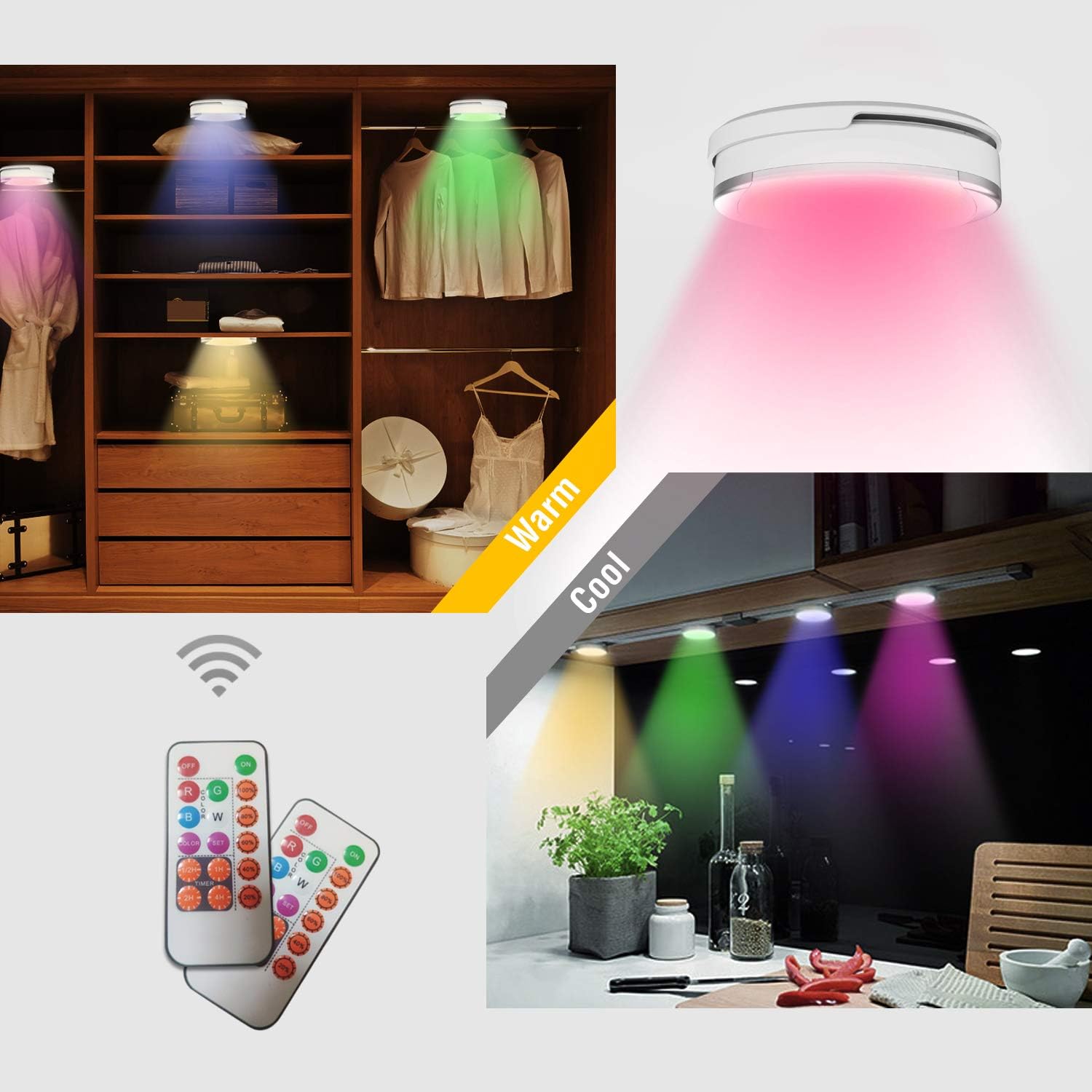 Starxing Ceiling Light Battery Operated, 5 inch Puck Light with Remote Control, Shower Light with DC Charger/ Sticker for Kitchen Cabinet Closet Bedroom Stairs (Multicolor,RGB)