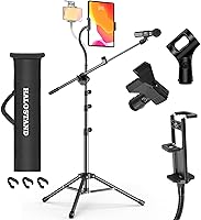 Vista 1 de Microphone Stand with IPAD Clip, Floor Foldable Mic Stand with Phone Clip,Heavy Duty Tripod Boom Arm with 2 Mic Clips and Carrying Bag for Singing