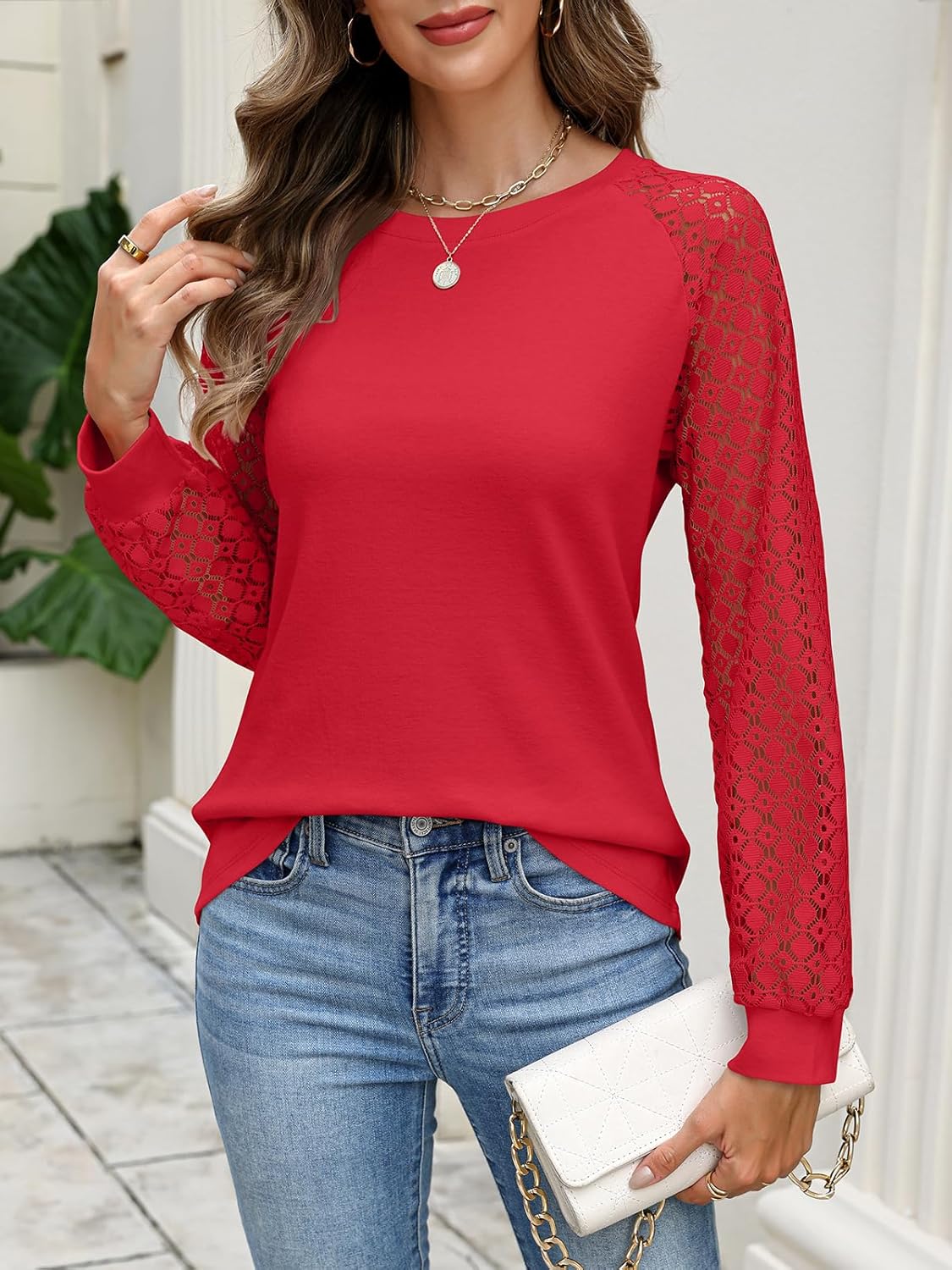 Minetom Womens Lace Tops Long Sleeve Shirts Casual Dressy Blouses Trendy Fall Fashion Outfits Clothes - Image 3