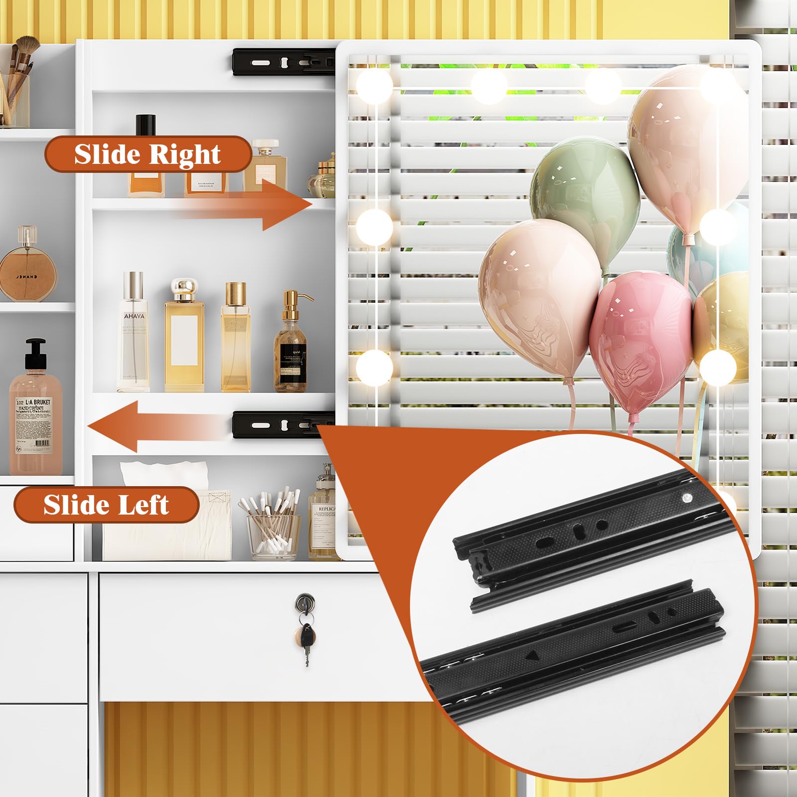 Toeletta con Specchio Luminoso e Sgabello, Scrivania da Trucco con 6 Cassetti e 6 Ripiani, Luci LED Dimmerabili, Bianco,36×80×131 cm H05901