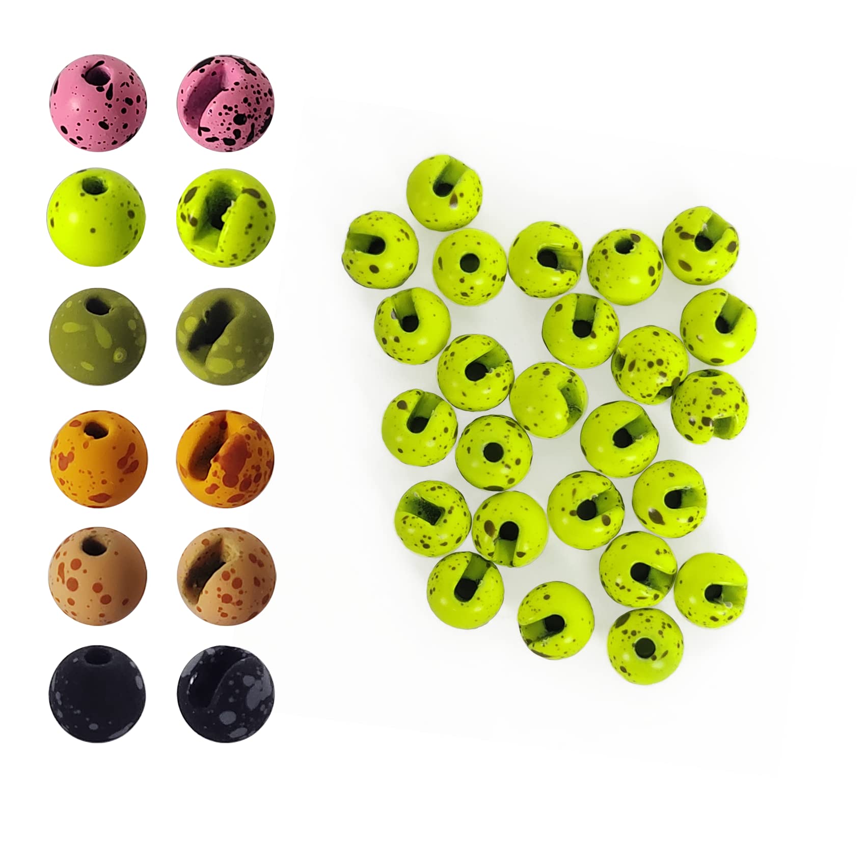 Aventik Mottled Tactical Slotted Tungsten Beads 25pcs Think Fast Think Deep Beads Fly Tying Materials Lure Jig 6 Colors / 5 Sizes for Fly Fishing Fanatic (3.0mm, Chartreuse/Dark Olive)