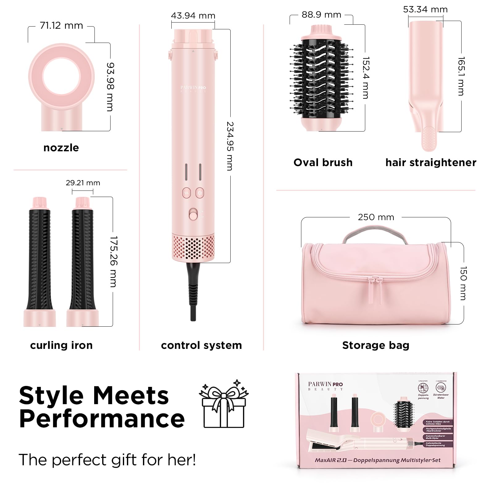 PARWIN PRO BEAUTY MaxAIR 2.0 Airstyler 5 en 1 Multi-Styler, secador iónico 110.000 rpm, alisador por aire, rizadores Auto-Wrap, doble voltaje, rosa