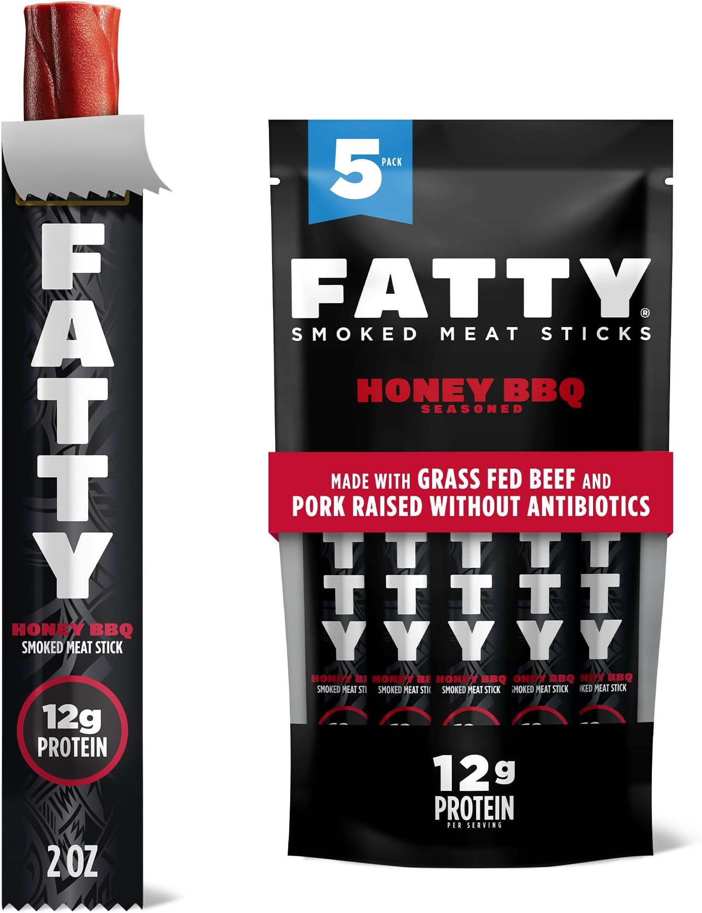 FATTY Meat Sticks, Made with Grass Fed Beef, Pork Raised Without Antibiotics, 11g Protein Per Stick, Honey BBQ, 2 oz. (Pack of 5)