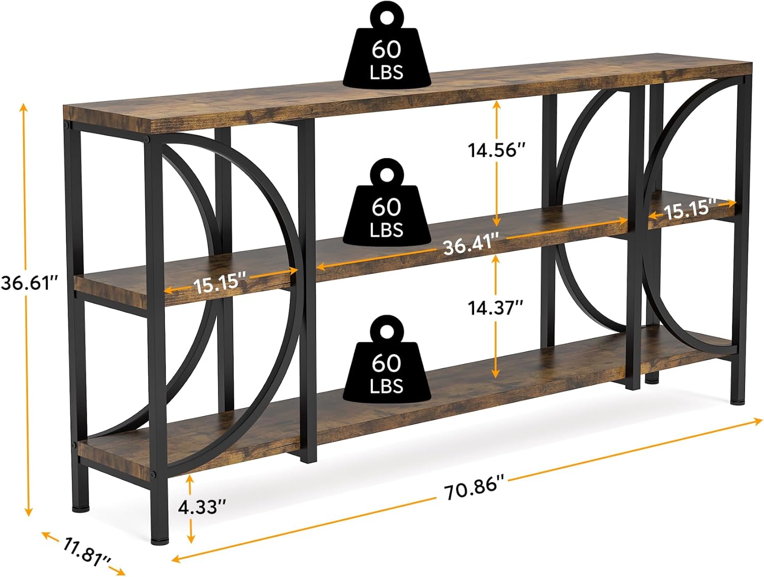 Tribesigns 70.9 Inch Extra Long Sofa Table, 3 Tier Narrow Console Table with Storage Shelves, Industrial Entryway Table Behind Sofa Couch for Living Room, Hallway, Foyer, Rustic Brown : Home & Kitchen