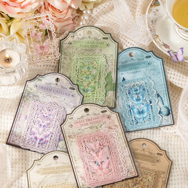 Alideco 60pcs Scrapbook Paper, Vintage Butterfly Lace Cutout Scrapbooking Paper for Journaling Supplies, Decorative Craft Paper for Junk Journals (mengdieyixu)