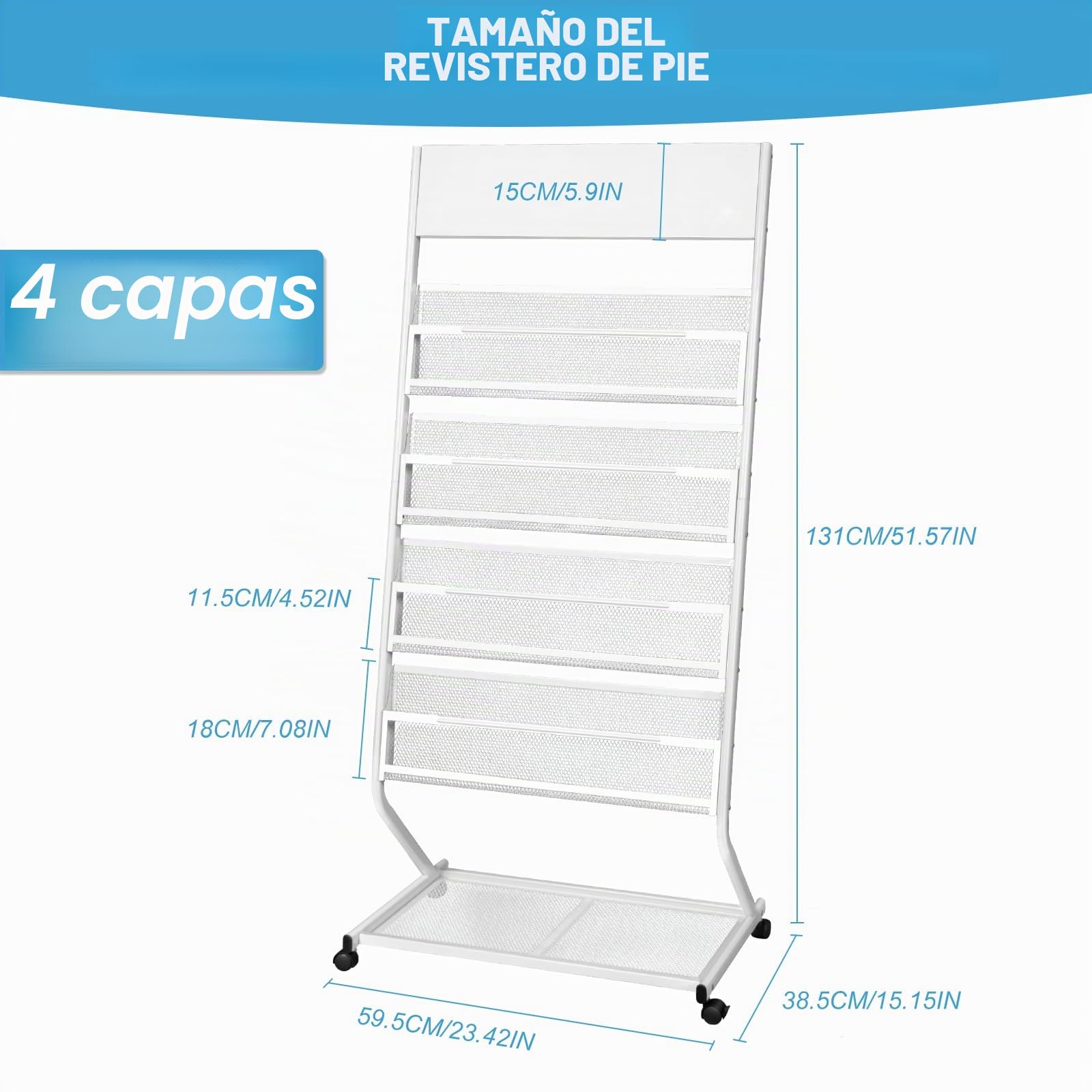 SUNDOY Soporte para folletos y revistas – Soporte inclinado para libros y revistas con 4 estantes (blanco, 4 capas, 59,5 cm de ancho)