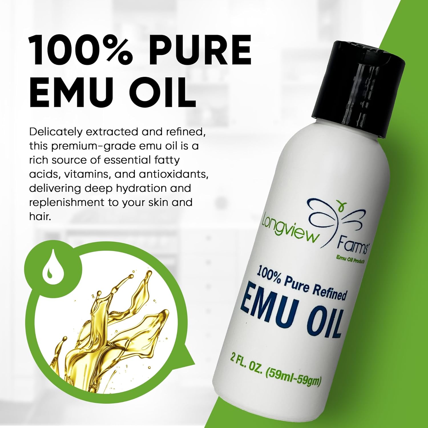 Longview Farms® Emu Oil - Hair and Body - 100% Pure & Refined Emu Oil for Skin & Hair Care | Premium Quality Hydration | 2 Fl. Oz