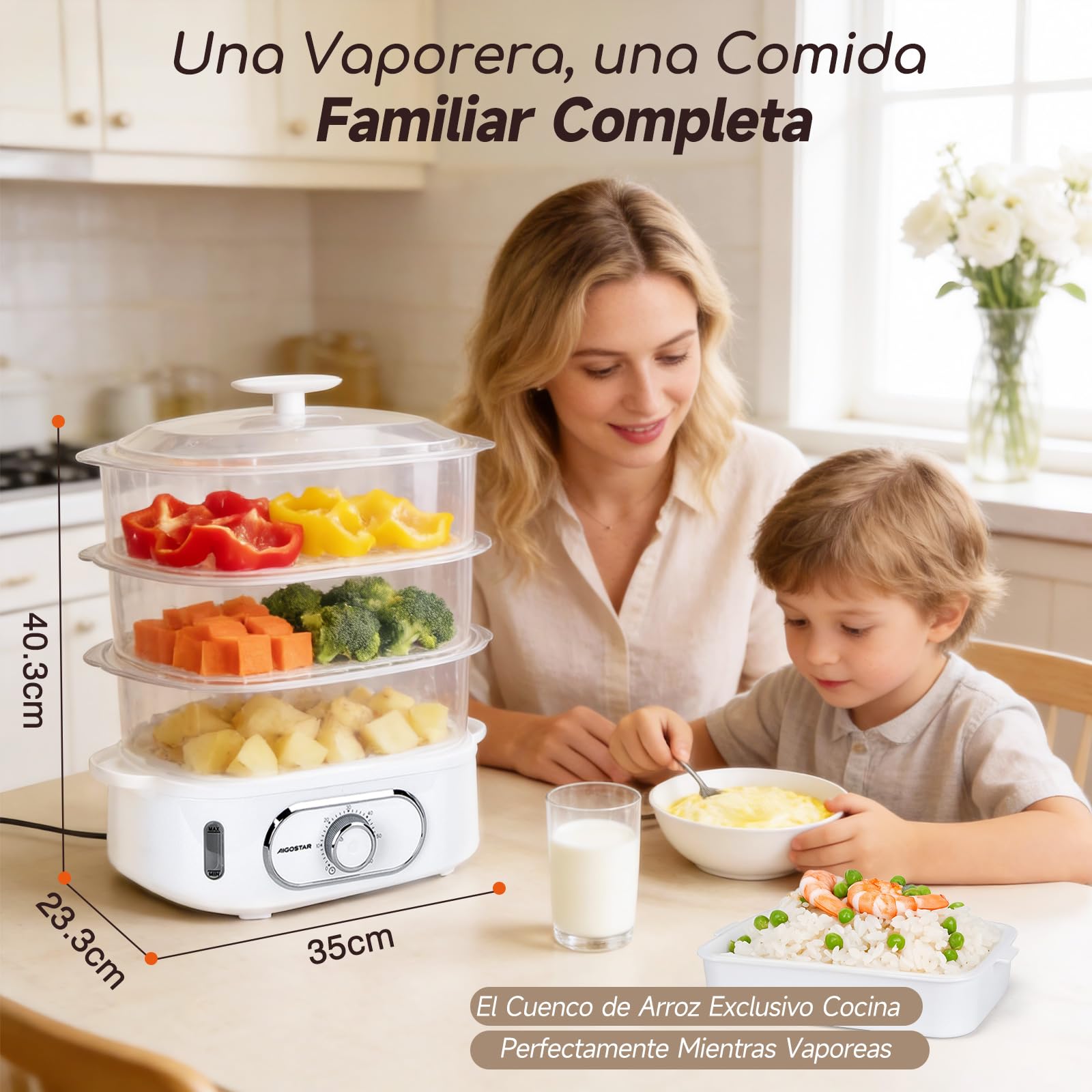 Aigostar Vaporera Eléctrica 12L, 3 Recipientes Apilables Independientes, Cuenco para Arroz, Soporte para Huevos, Temporizador 60 Minutos, Base Antideslizante, Sin BPA, 900W, Blanco