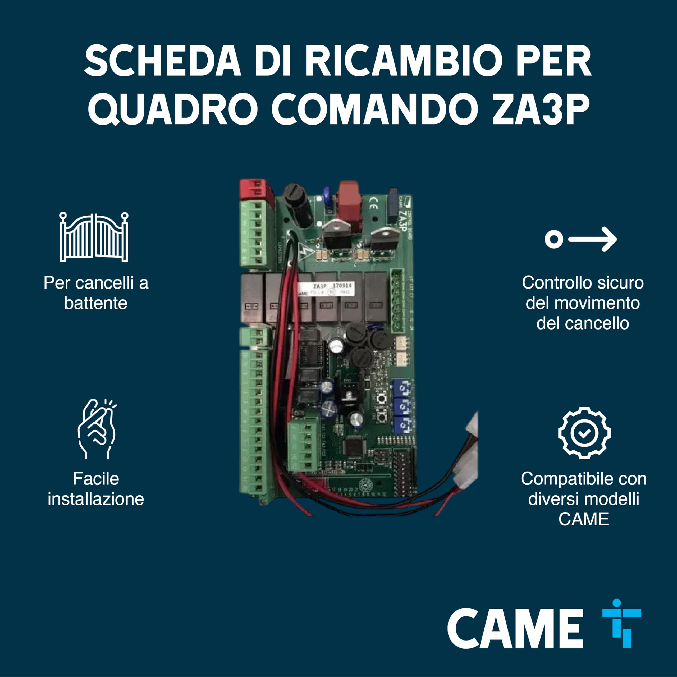 CAME Scheda elettronica di ricambio per il quadro comando ZA3P per cancelli a battente con gestione dei finecorsa e regolazione della velocità di rallentamento per manovre fluide e sicure