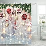 Picture of Lofaris Christmas Shower Curtain Merry Xmas Colorful Balls Pine Trees Fabric Bathtub Curtain for Decor Winter Wonderland Snowflakes Fabric Bathroom Curtains 72x72inch