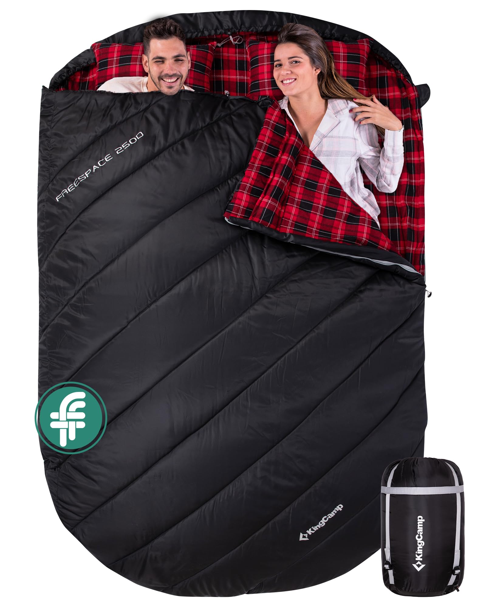 KingCamp Saco de Dormir Doble de Franela de algodón para 2 Personas - Abrigado para Invierno, 3-4 Estaciones, Incluye 2 Almohadas - Ideal para Camping, Viajes y Actividades al Aire Libre