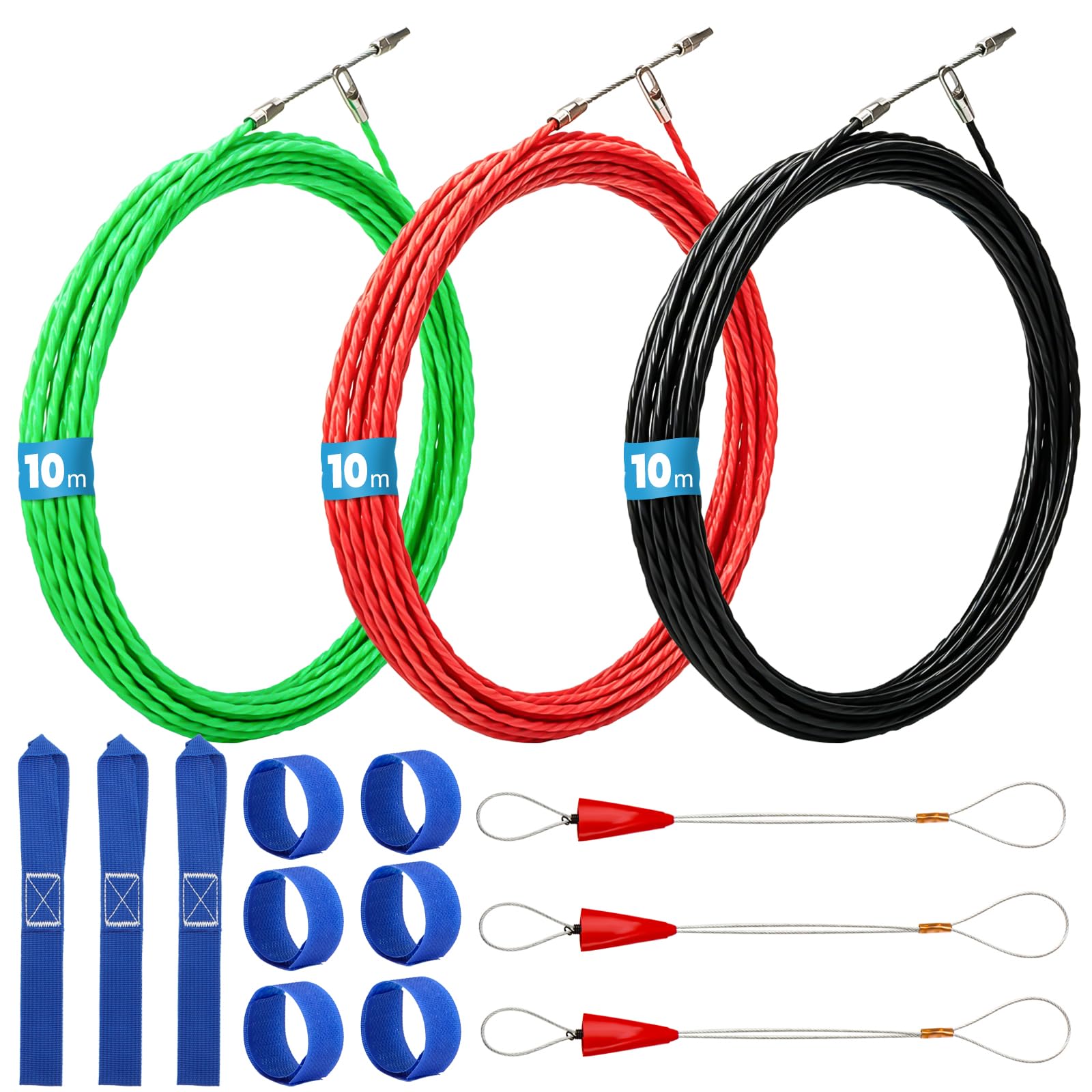3 PCS 10m Fish Tape Cable Puller 3.0mm, Retractable Nylon Wire Threader with 3 Metal Lock Wires, Electrical Cable Rods for Cable Laying Empty Pipes, 3 Colors Total 30m（Green+Red+Black）