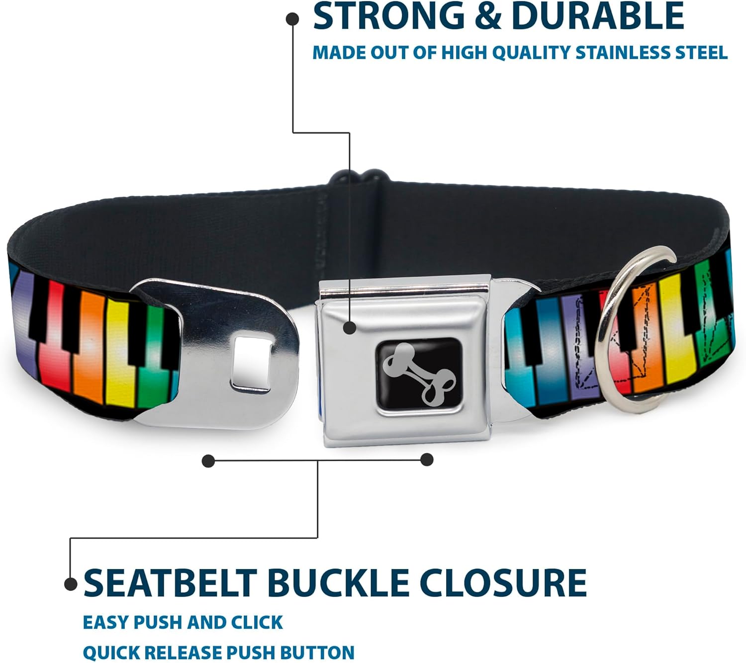 Buckle-Down Seatbelt Buckle Dog Collar - Piano Keys Rainbow - 1.5" Wide - Fits 18-32" Neck - Large