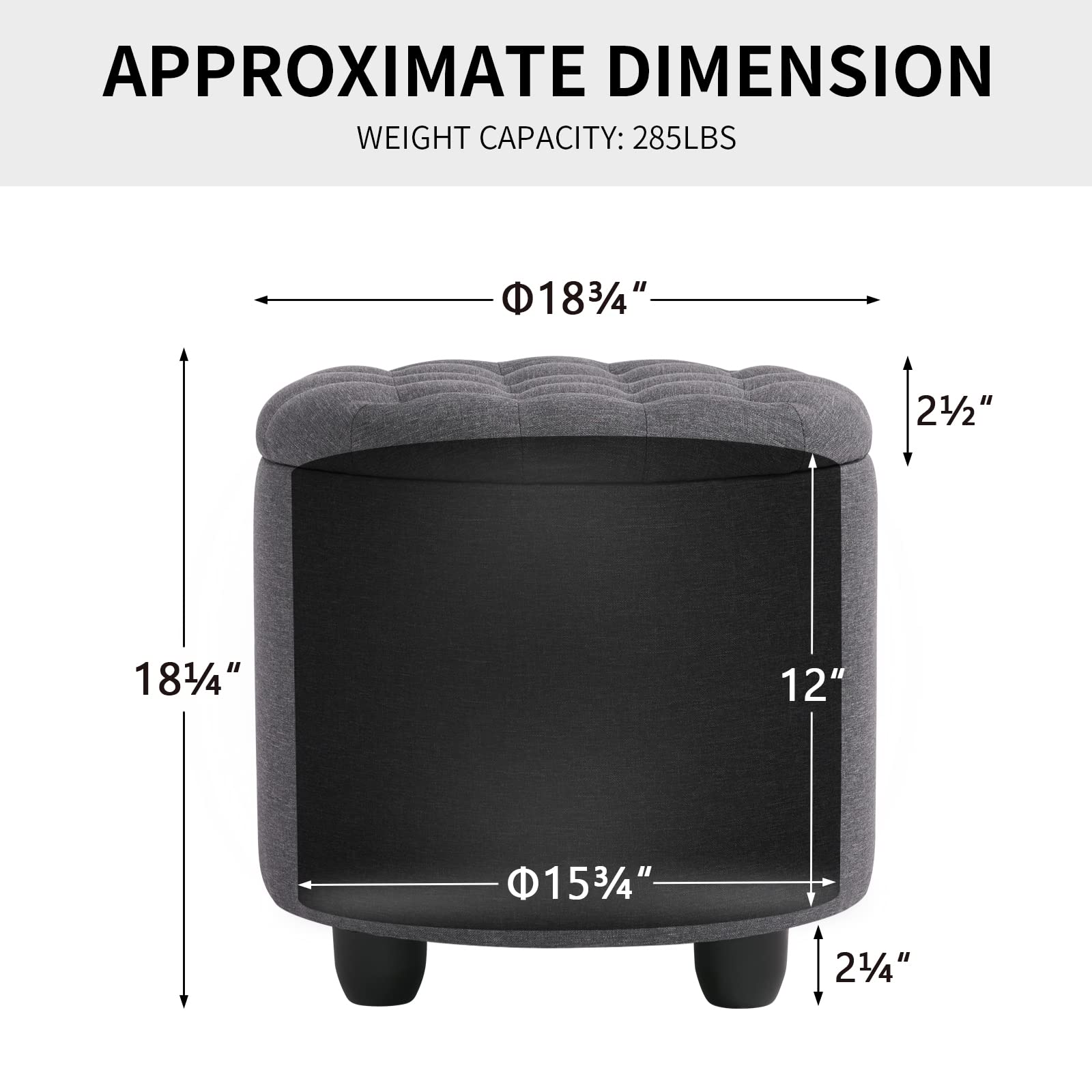 Furnimart Round Storage Ottoman with Cover Lid, Tufted Round Ottoman with Storage Linen Fabric Ottomans for Living Room Bedroom Dorm (Dark Gray)