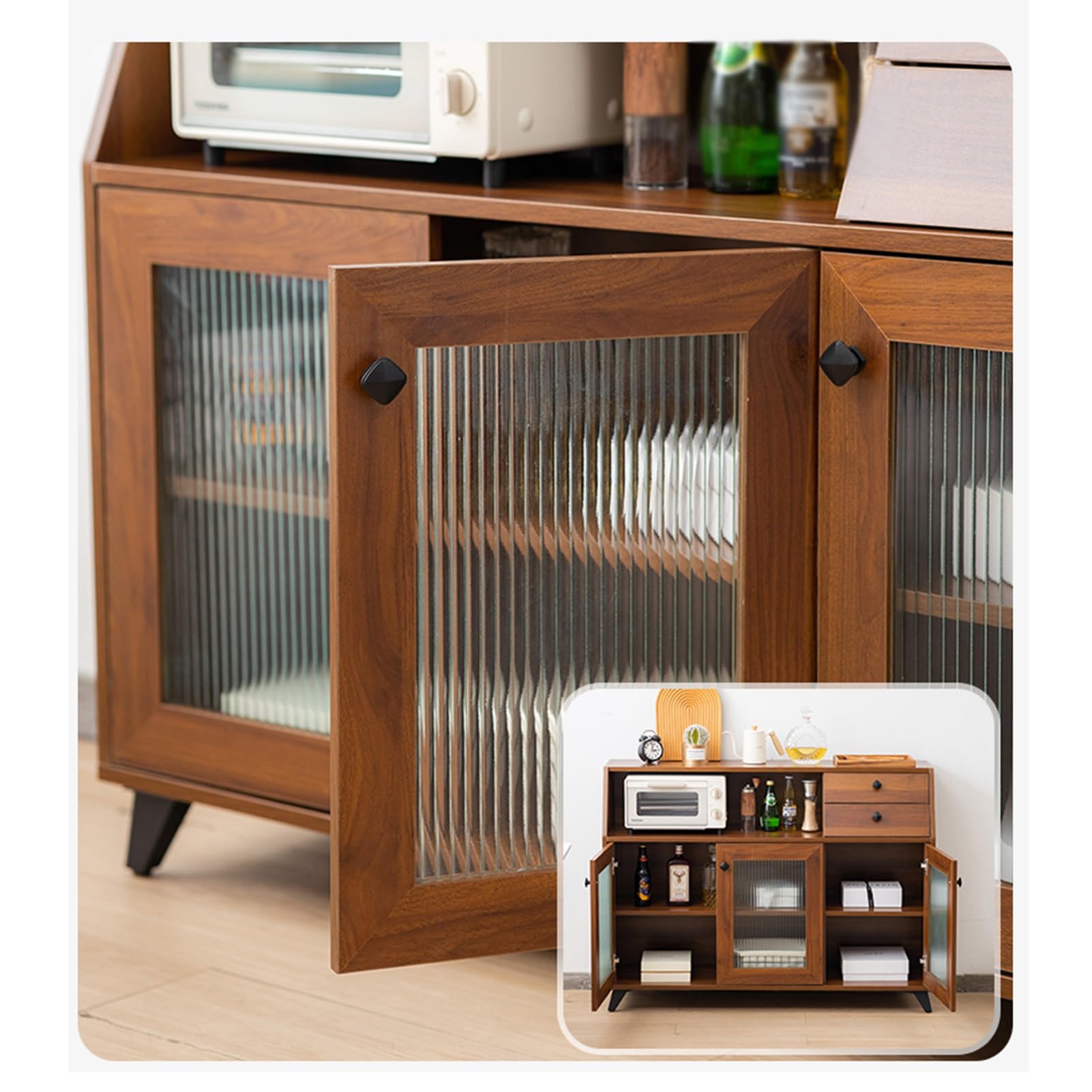 Aparador moderno Buffet Armario de almacenamiento de cocina con puertas de vidrio a rayas comedor gabinete consola mesa licor/acento armario organizador (marrón 80 x 35 x 90,4 cm)