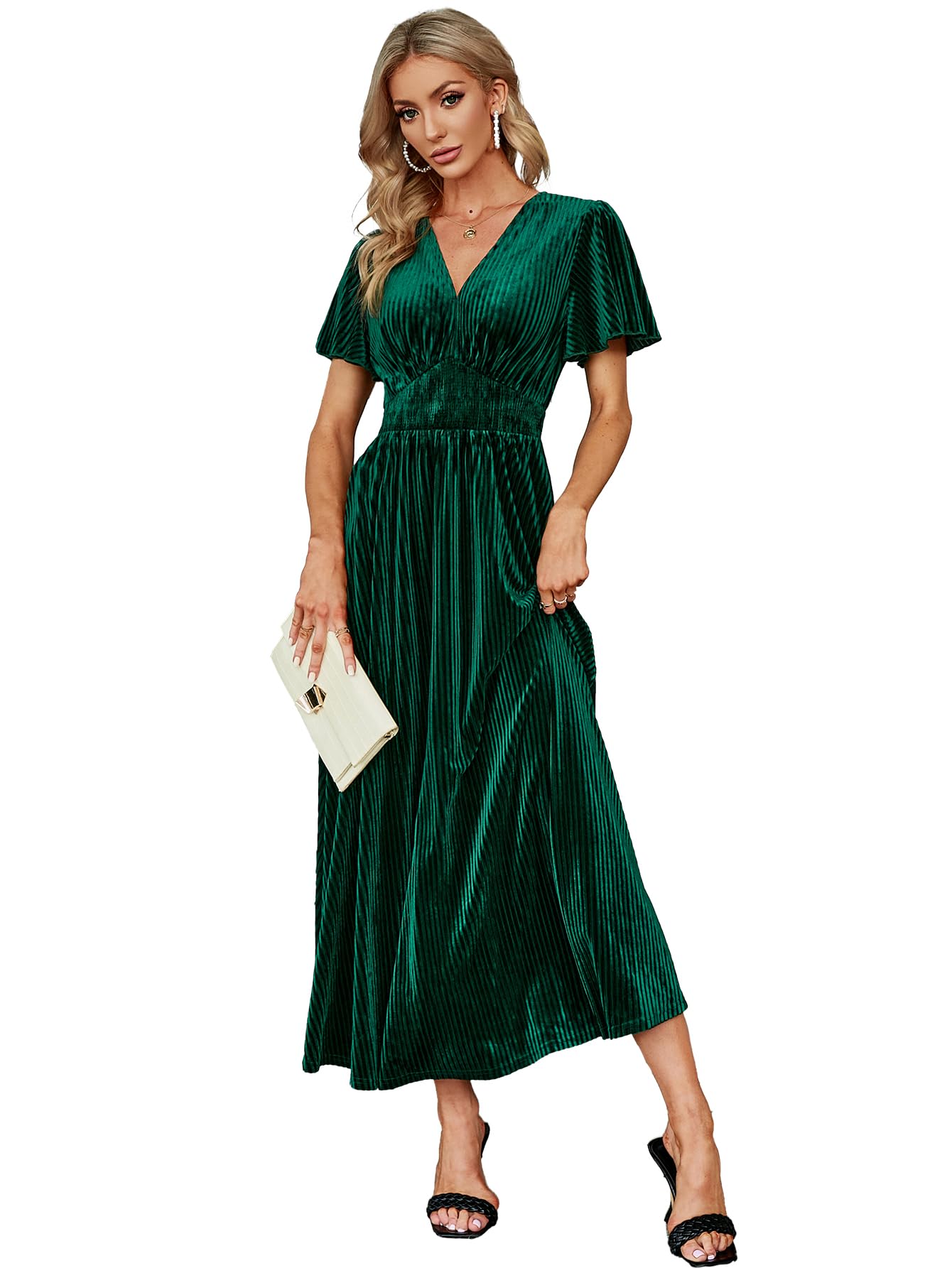 Simplee Women’s V Neck Velvet Maxi Dress Short Sleeve Empire Waist Long Formal Dress for Wedding Guest
