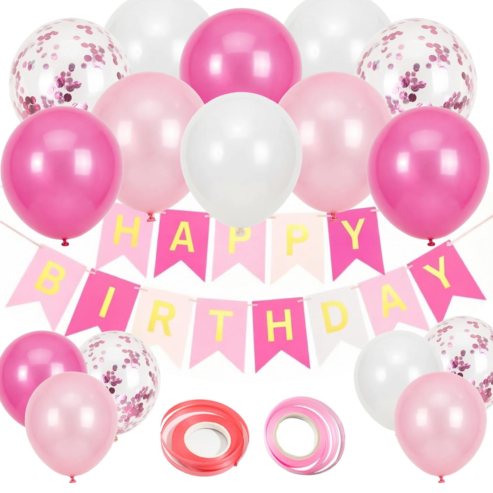Pink Happy Birthday Decorations Kit, Pink Balloons with Happy Birthday Banner, Ribbons and Glue Dots for Girl Baby Shower, Birthday Party