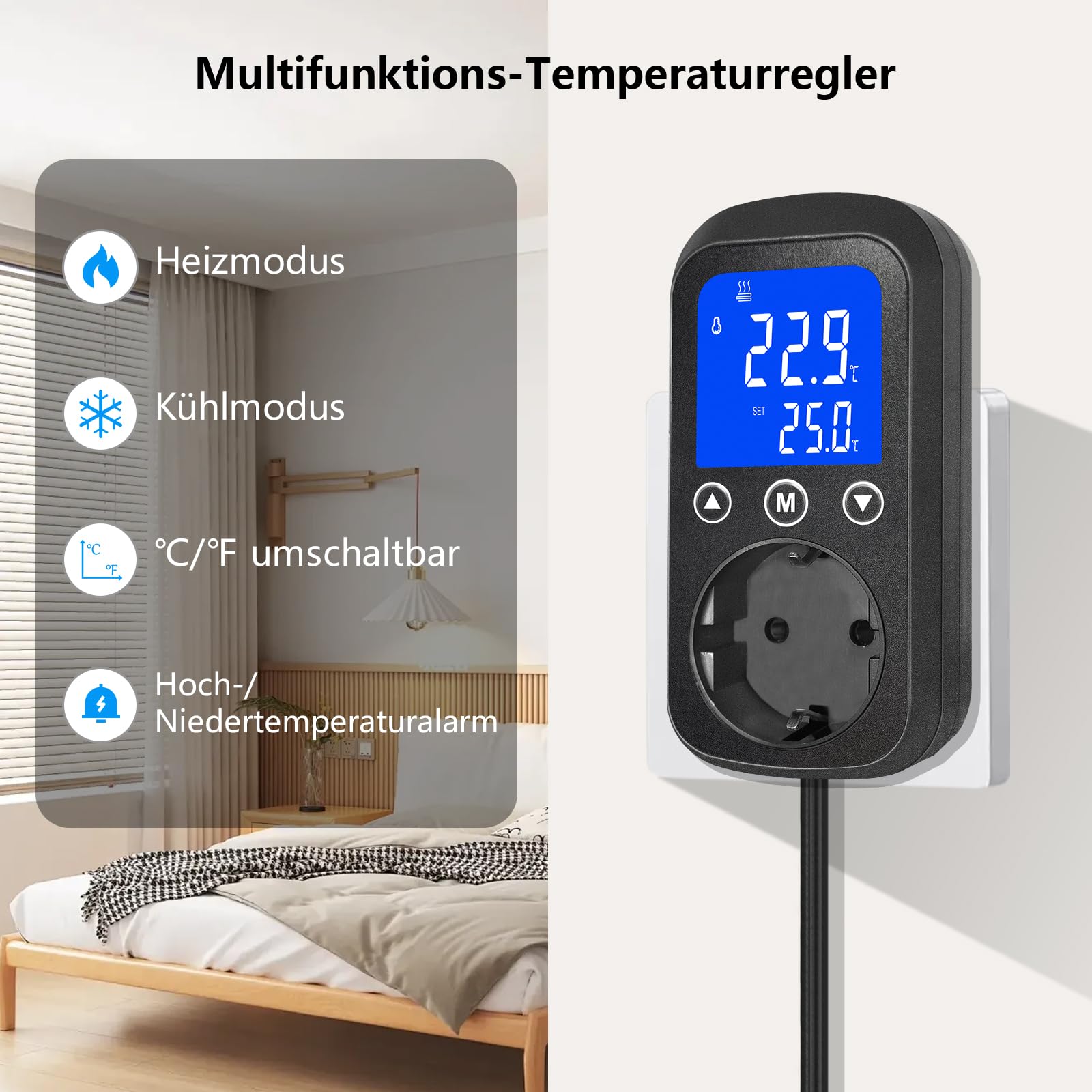 Digital Temperature Controller Socket mit wasserdichtem Sensor, Heizung Kühlsteuerung Thermostat Stecker, Temperaturschalter für Gewächshaus, Aquarium, Terrarium, Reptilien