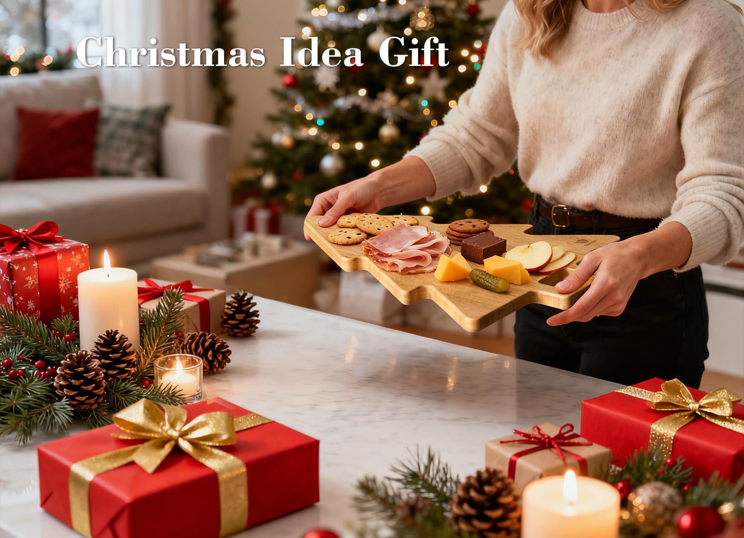 Acacia Wood Christmas Tree Cutting Board 15x12 Inch Charcuterie Board with Handle, Xmas Cheese Appetizer Tray, Wooden Decorative Serving Platter for Holiday Kitchen Party
